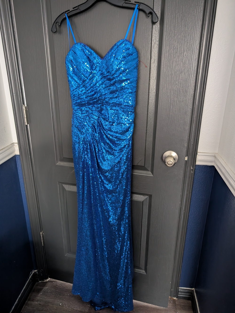 Electric Blue Sequin Spaghetti Strap Prom Gown